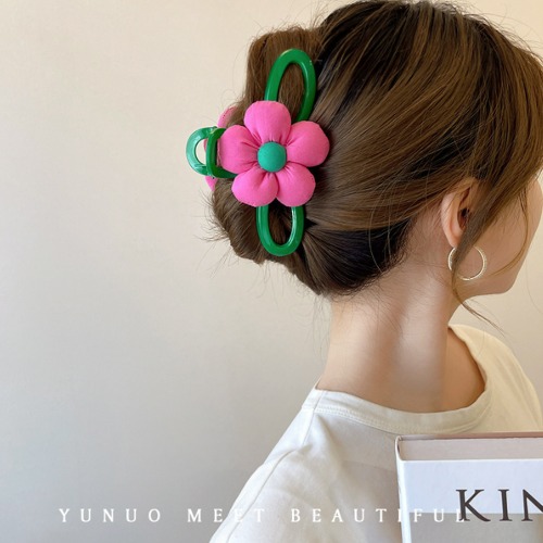 핑크꽃 초록 빅 올림머리집게핀